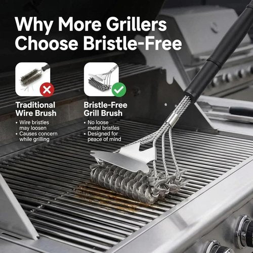 Bristle-Free Grill Brush - Reinforced Coil Cleaner with Long Handle for Safe BBQ Grates