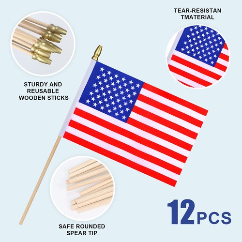 HSQCEZ 12Pcs Small American USA Flags on Wooden Stick Mini United States Flag Hand Held Flag Decorations,5x8 Inch