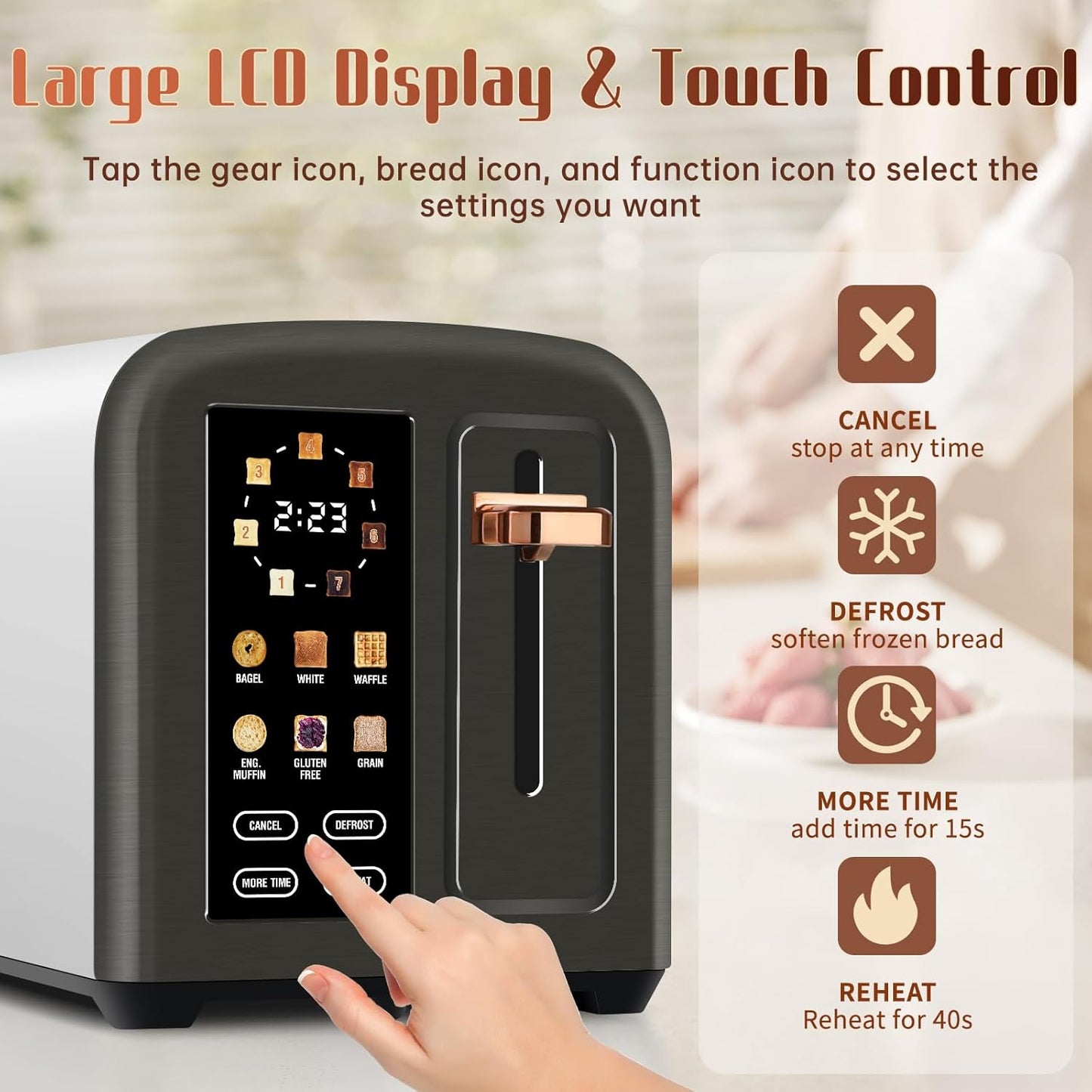 SEEDEEM 2-Slice Toaster - Touch Screen Control, 7 Shade Settings, 1.5” Wide Slots, Removable Crumb Tray