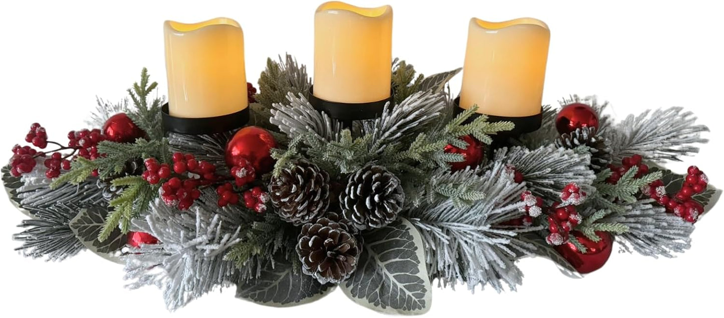 Svndlyn Christmas Candle Holder - 3 Candle Holders with Snow Flocked Pine Branches & Red Berries | Festive Table Centerpiece
