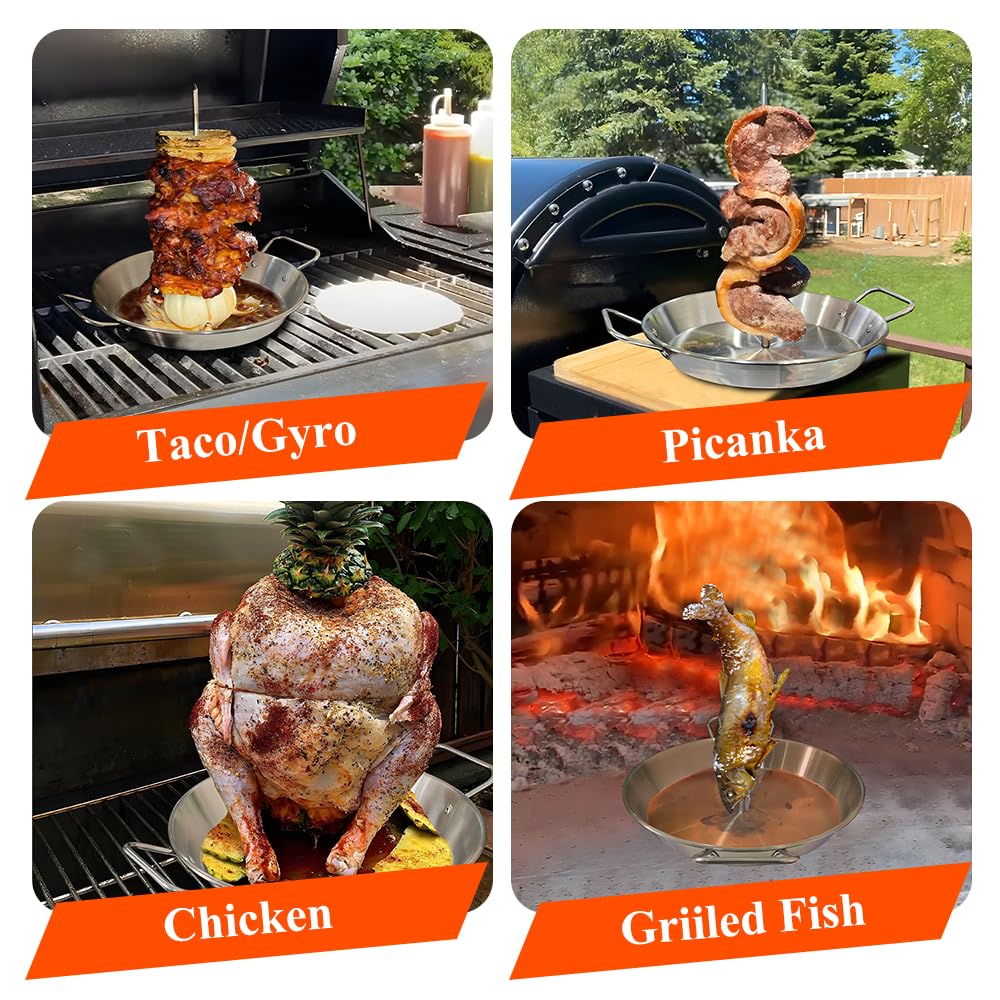 Vertical Skewer Pan Stainless Steel Gyro Pan Spit Shawarma Stand for oven, Al Pastor Skewer for Grill, El Pastor Hack for Tacos Al Pastor Chicken, Brazilian, with 8",10",12" stick