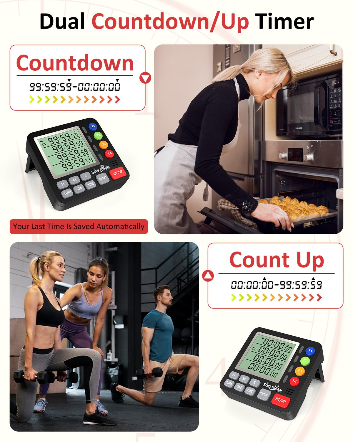 Digital Kitchen Timer for Cooking - 4 Channel Count Up Countdown Timer with Loud Alarm and Silent Mode, Large Display, Magnetic Back, Auto Memory for Classroom Study Gym, Battery Included (White&Grey)
