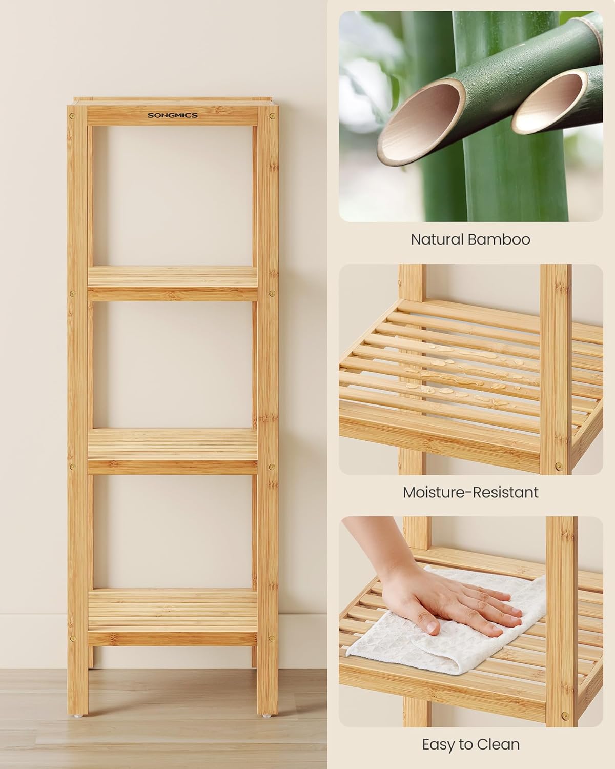 SONGMICS 4-Tier Bamboo Shelf - Versatile Corner Rack for Bathroom, Kitchen, Living Room | Natural UBCB54Y