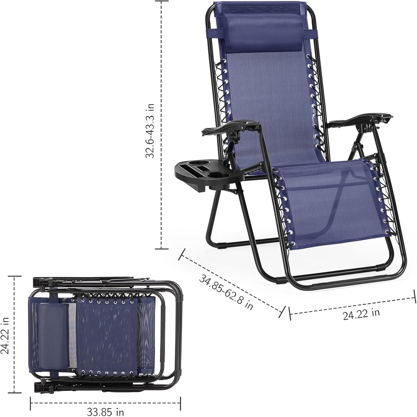 Sweetcrispy Zero Gravity Chairs - Set of 2 Outdoor Folding Reclining Lounge Chairs with Cup Holder & Adjustable Pillow - Classic Blue