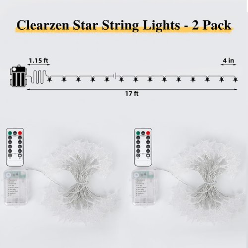 Clearzen 2 Pack Star String Lights Total 33 Ft 100 LED Christmas Fairy Lights Battery Operated with Remote 8 Modes Waterproof for Bedroom Wedding Party Garden Tent Decor, Warm White