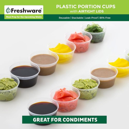 Freshware Portion Cups - 3.25 Ounce Disposable Plastic Cups with Lids for Meal Prep & Sauces | 100 Sets