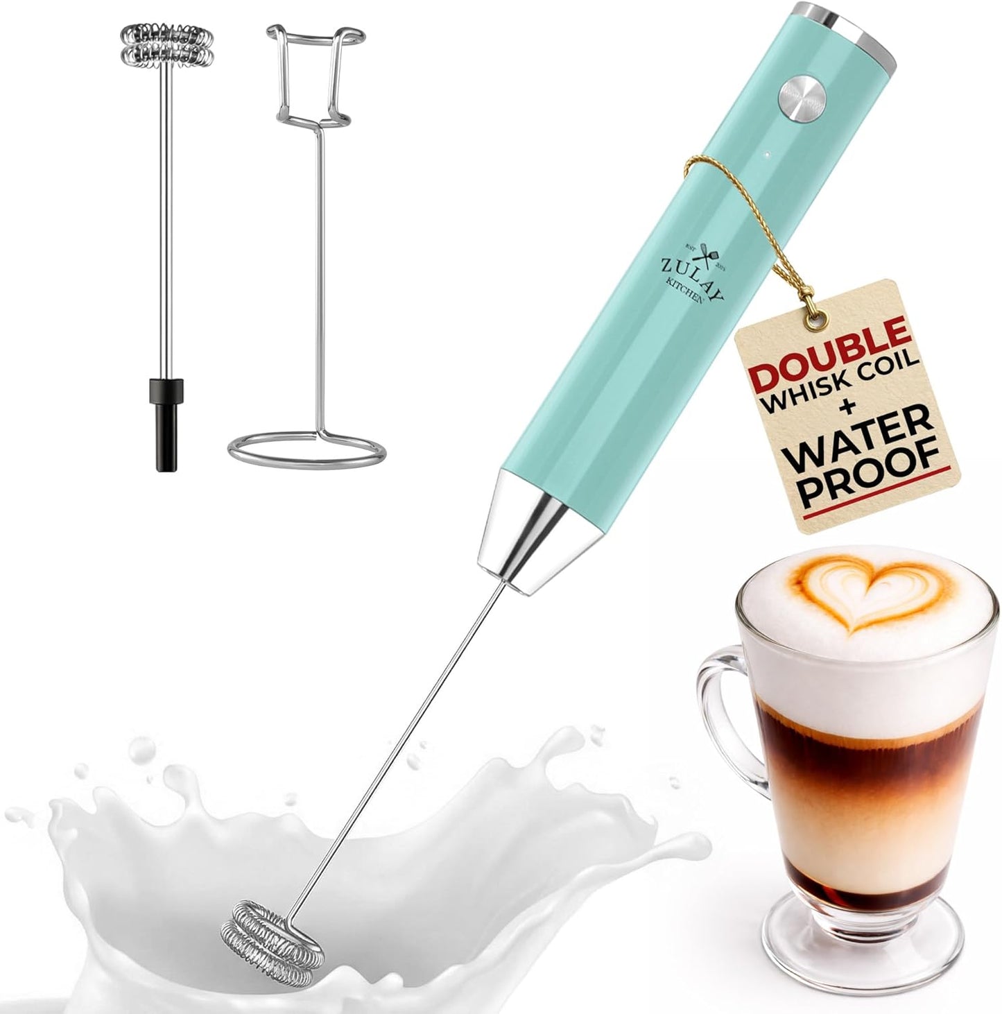 Zulay Kitchen Rechargeable Milk Frother - Powerful 2-Speed Motor, Waterproof, 2000mAh Battery | Sky Blue Drink Mixer for Latte, Cappuccino & Matcha