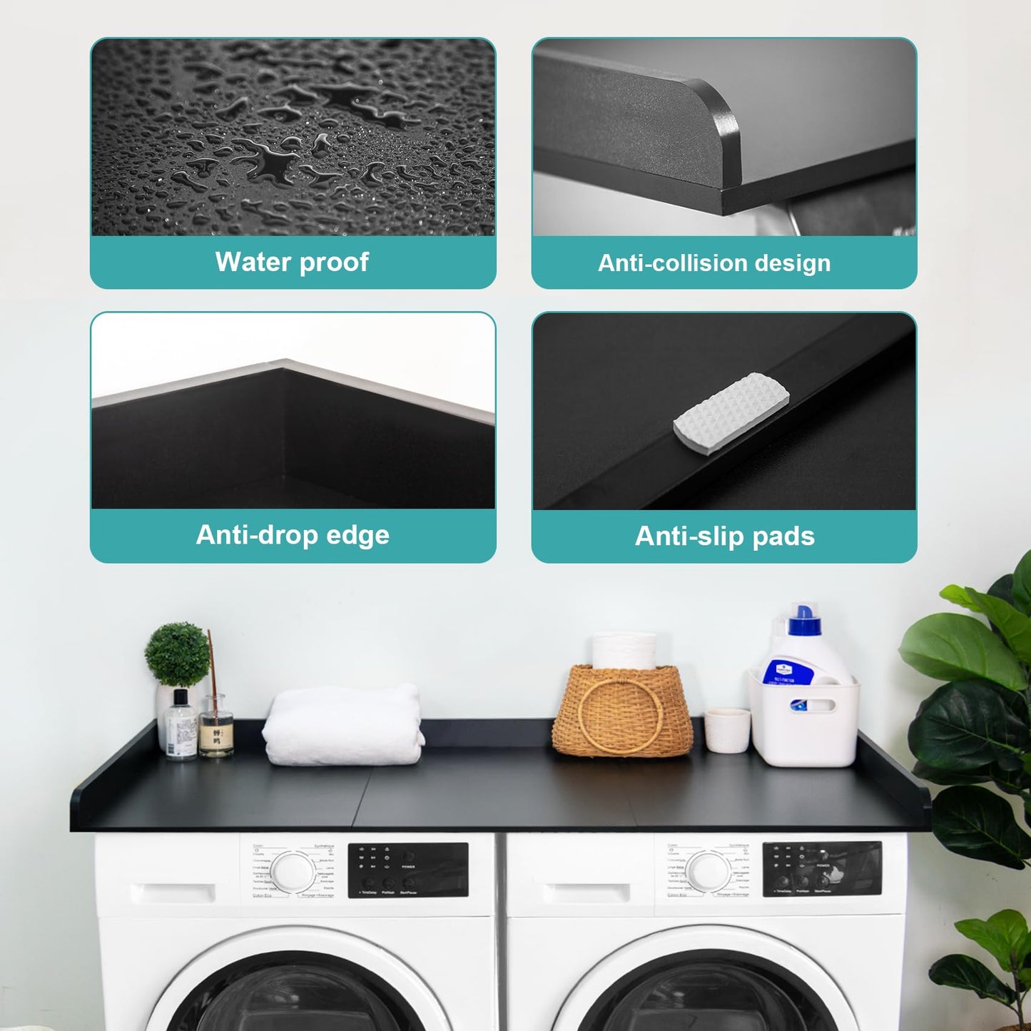 Drifop Washer Dryer Countertop, 27.5" W x 54" L Laundry Countertop with Edge Rails, Laundry Topper for Washer and Dryer with Non-Slip Pads, Black(Wooden