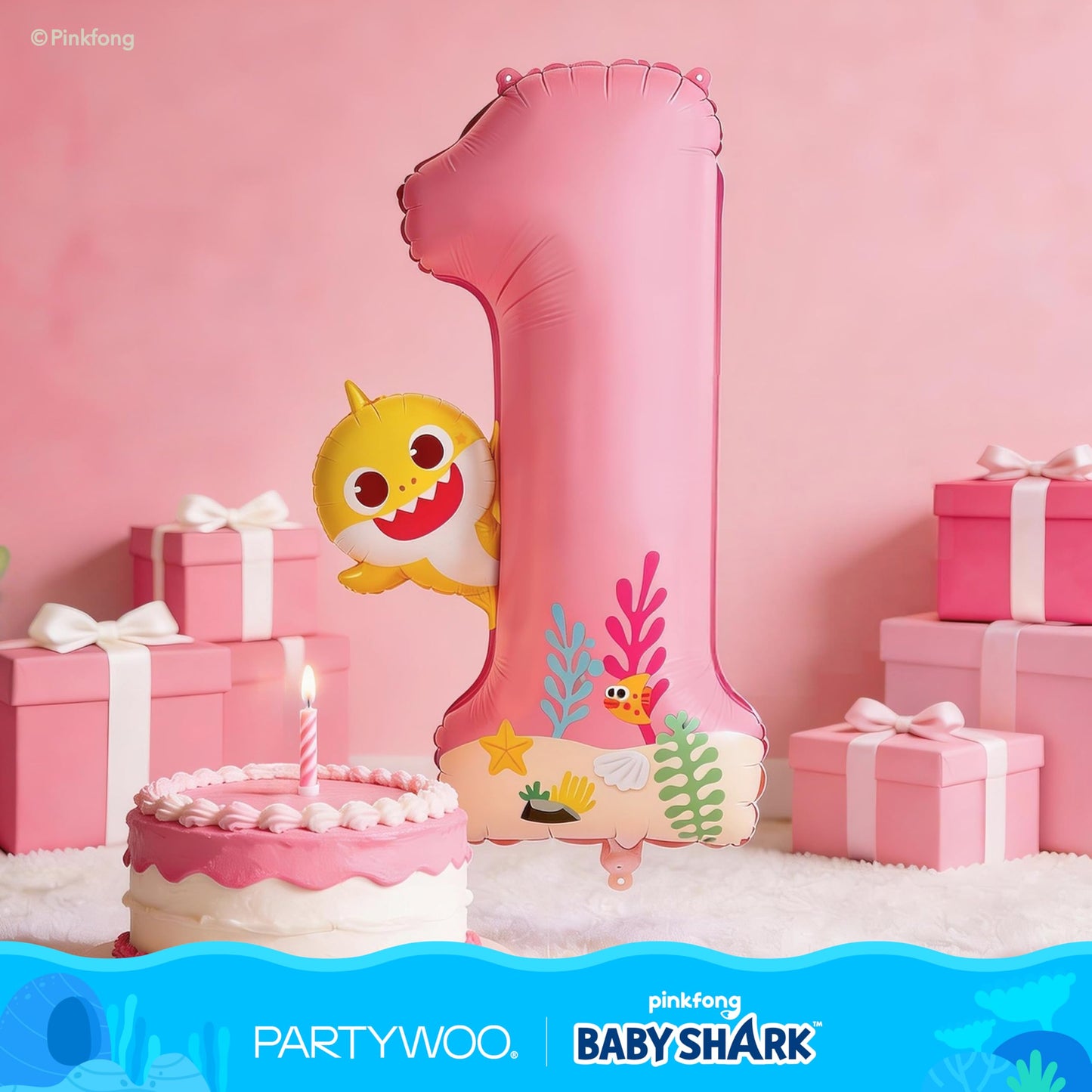 PartyWoo Baby Shark Pink Foil Number 1 Balloon 40 Inch Pink Mylar Helium Birthday Number Balloons for Girls and Boys Baby Shark Under the Sea Ocean Theme Kids First Birthday Party Decorations