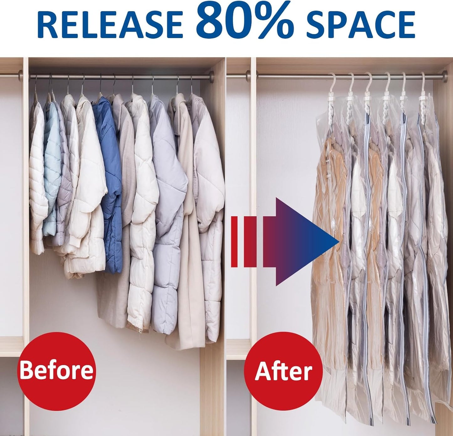Skiennix Hanging Vacuum Storage Bags - 6 Pack Large Space Saver for Clothes, Suits & Jackets