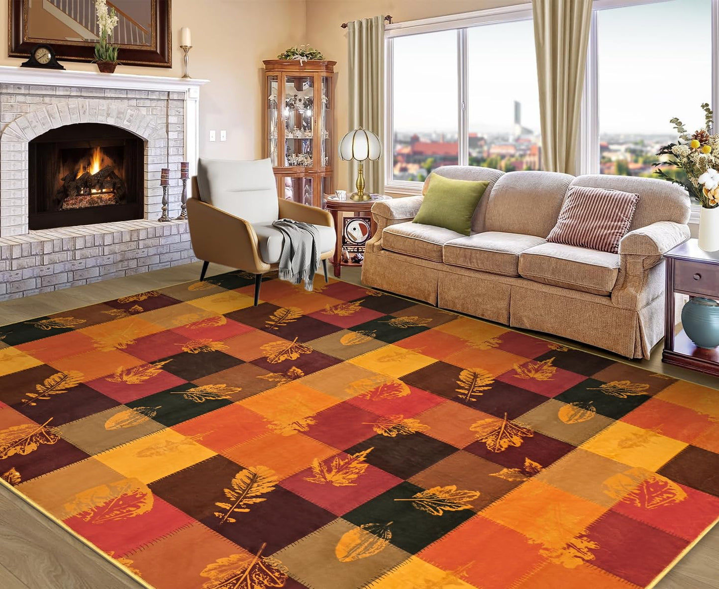 ASPMIZ Fall Area Rug 5x7 Washable Rugs for Living Room, Soft Faux Wool Thanksgiving Bedroom Rugs Non Slip Orange Maple Leaf Floor Carpet Low Pile Large Throw Rug for Dining Room Home Office Decor