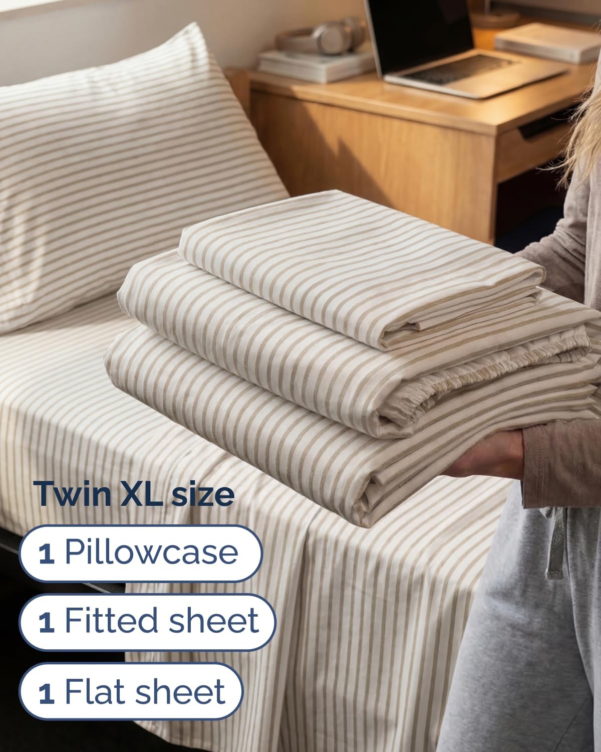 Skiennix Twin XL Sheet Set - Comfy Cooling 3-Piece Bedding - Deep Pocket, Wrinkle-Free, Beige Stripes