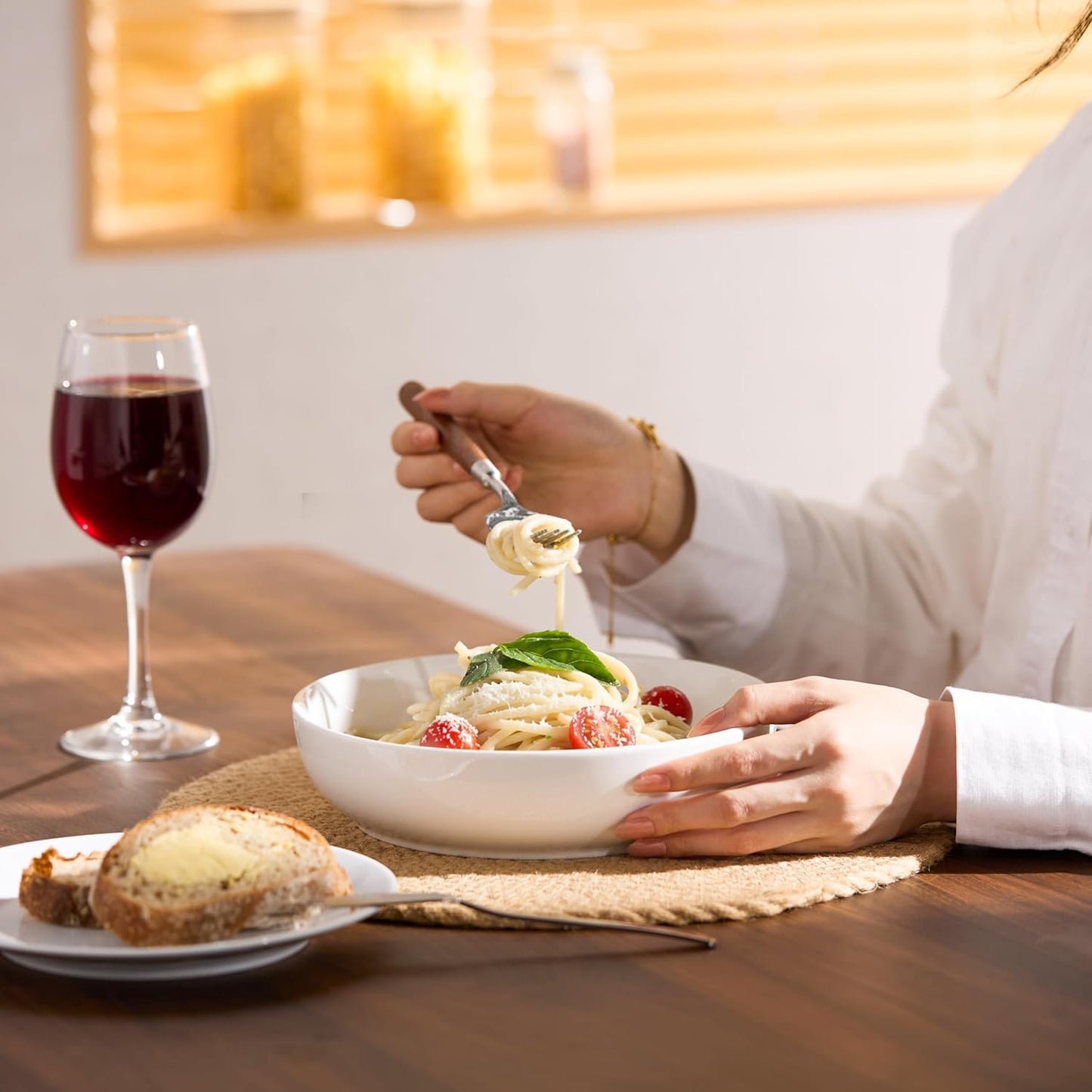 KooK Ceramic Pasta Bowls - Large Capacity Serving Bowls | Microwave & Dishwasher Safe, Set of 4 (White)