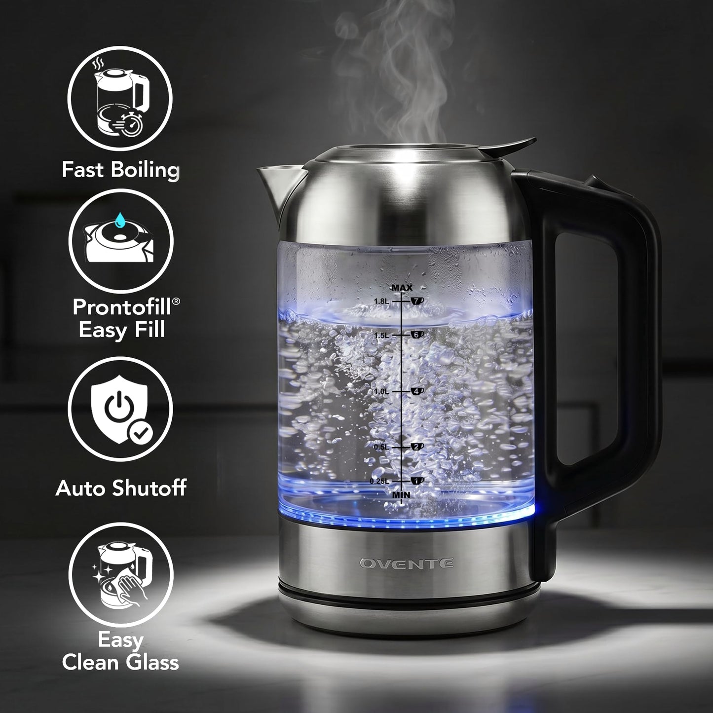 OVENTE Electric Kettle, 1.8L Glass Tea Kettle & Stainless Steel BPA-Free Cordless Electric Kettle, 1500W Fast Boil Electric Pot with Easy-Fill Lid, Auto Shut-Off & Boil Dry Protection, Silver KG751S