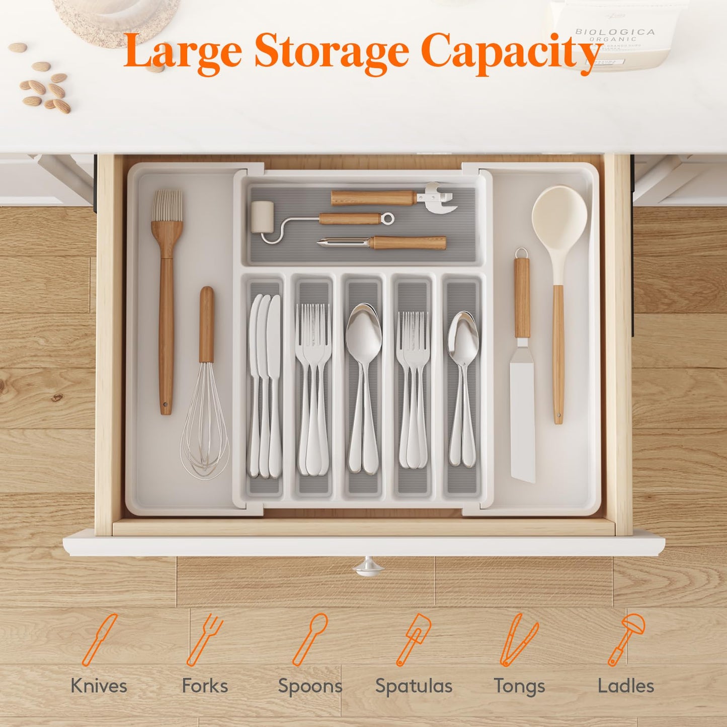 Lifewit Silverware Drawer Organizer, Expandable Utensil Tray for Kitchen, BPA Free Flatware and Cutlery Holder, Adjustable Plastic Storage for Spoons Forks Knives, 33 -57 x 42cm, White and Gray