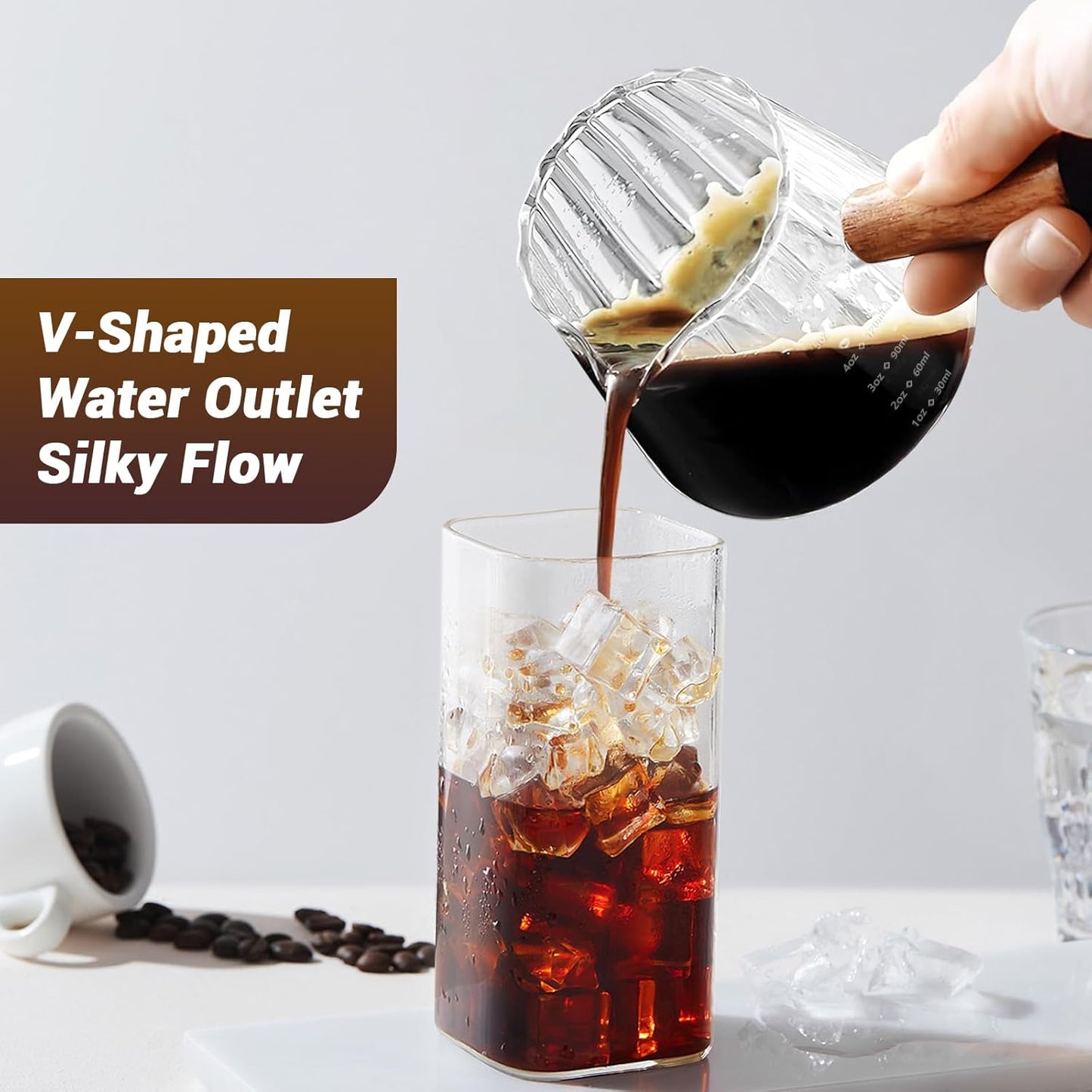 Skiennix Espresso Measuring Cup Set - 6 Oz Glass Cups with Wood Handle for Coffee & Milk Frothing