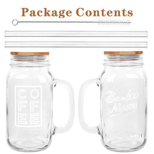 ANOTION Mason Jar Iced Coffee Cup with Lid and Straw, 24oz Regular Mouth Mason Jars with Handle Glass Coffee Drinking Glasses Tumbler Reusable Cups Bottles for Iced Coffee Cups for Travel Office Home