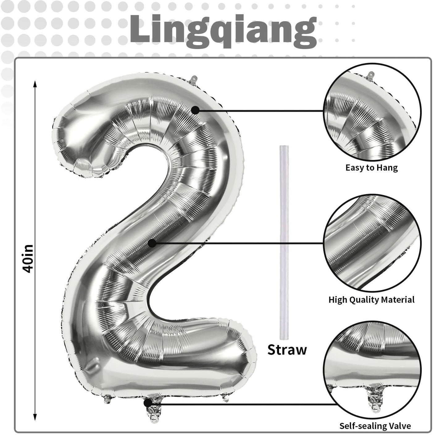 Silver Number Balloons, 40 inch Large Number 2 Foil Helium Balloons for Girls Women, Self Inflating Number Balloons 0-9 for Men Boys 2nd 12th 30th Birthday Anniversary Party Celebration Decoration