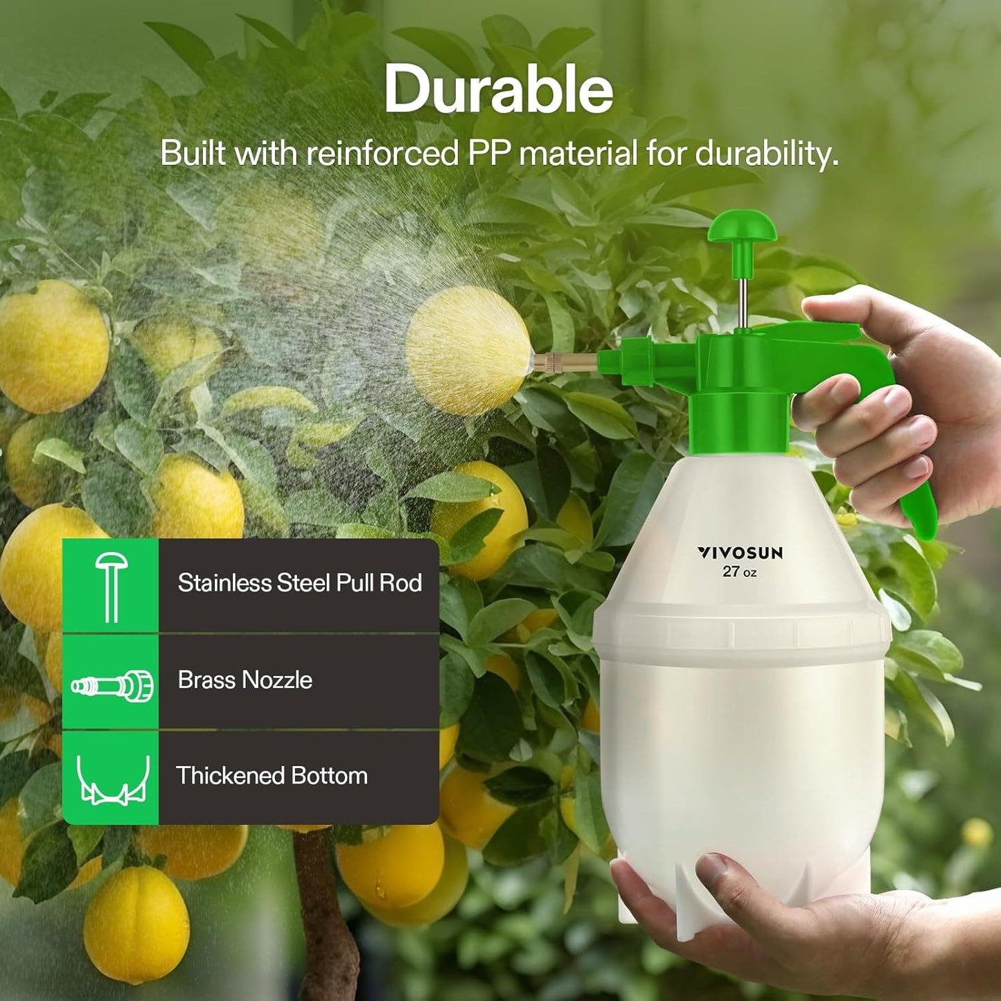 VIVOSUN 27oz Handheld Garden Pump Sprayer - Adjustable Brass Nozzle for Plants & Cleaning | Green