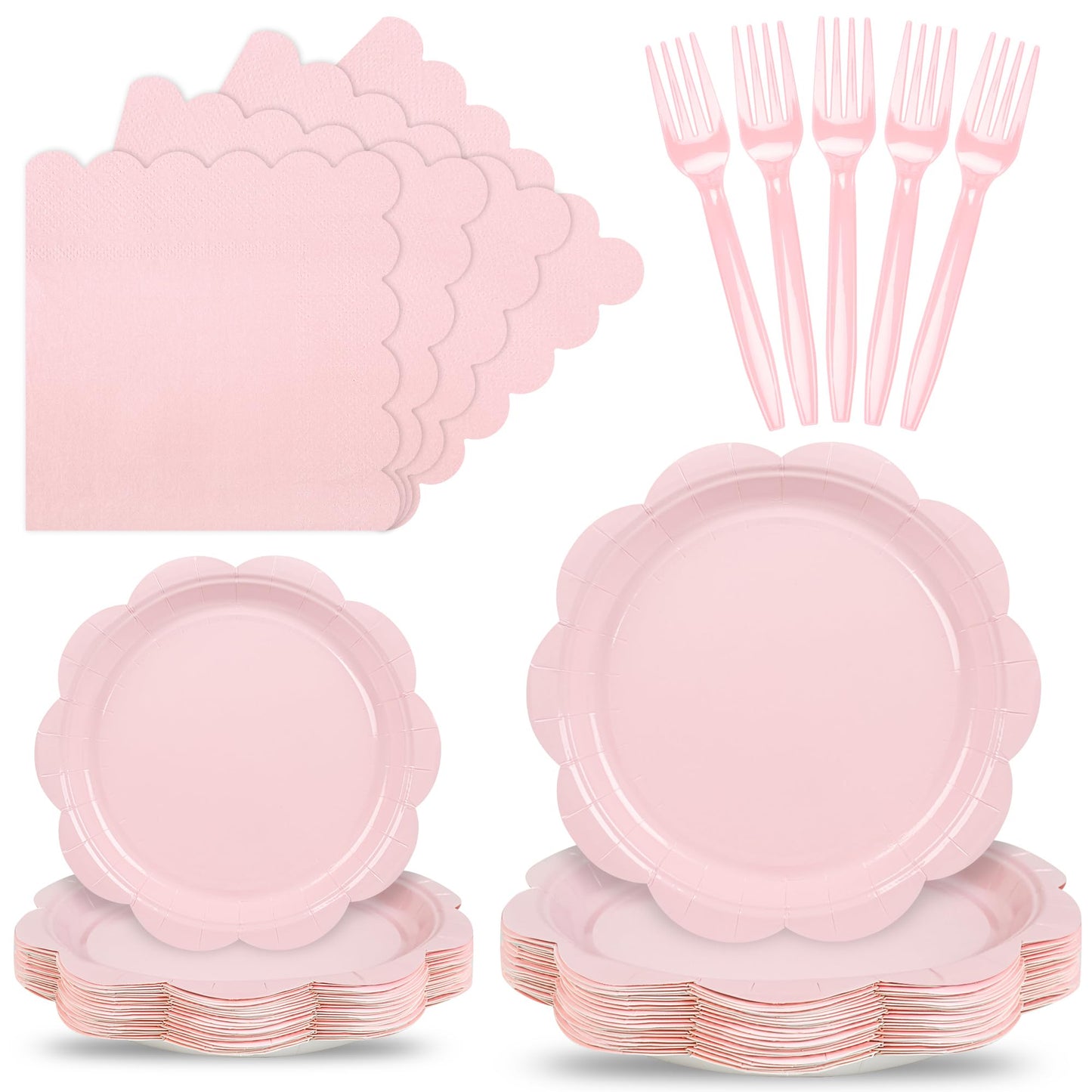 Houuqe 96 Pcs Pink Paper Plates and Napkins Set Party Supplies, Tableware set for 24 Guest include Disposable Pink Scalloped Plates, Napkins and Forks for Baby Shower Bridal Shower Wedding Birthday
