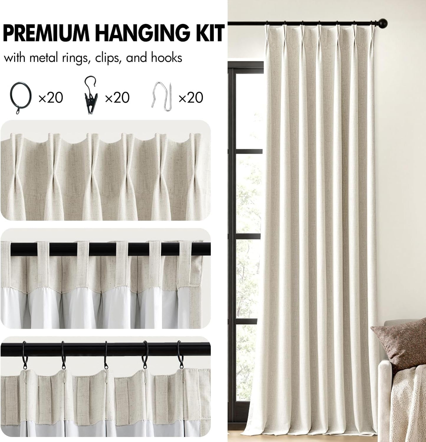 MIULEE 100% Blackout Linen Curtains - Natural Pinch Pleated Design | 84-Inch Long, Room Darkening Drapes (2 Panels)