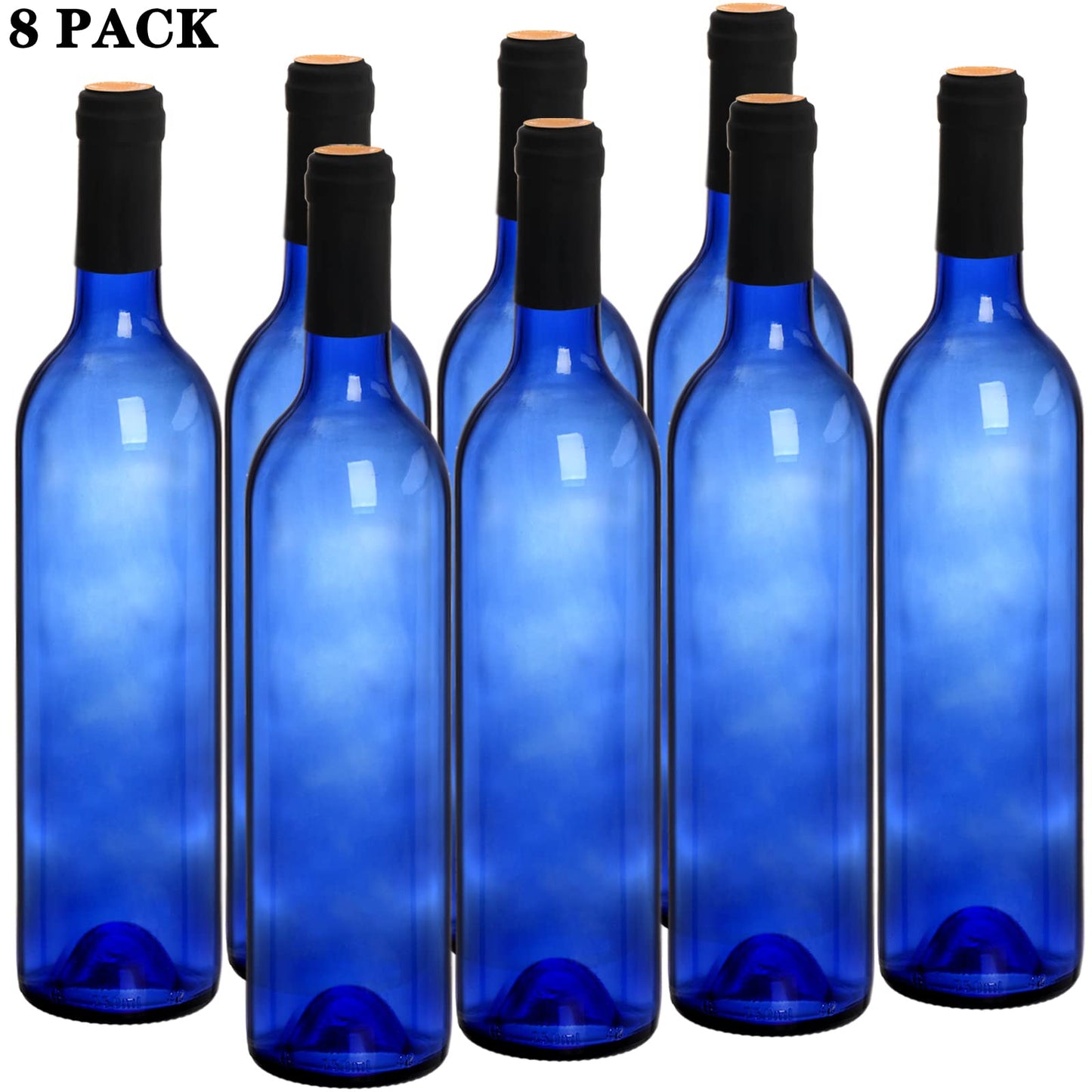 DEAYOU 8 Pack 750ml Bordeaux Wine Bottles, Glass Clear Bottles with 8 Corks and 8 PVC Shrink Capsules, Flat-Bottomed Empty Bottle for Claret, Liquor, Champagne, Juice, Beverages, Decors, Cobalt Blue