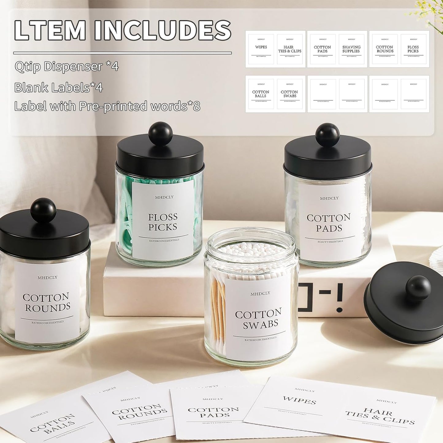 Skiennix Bathroom Organizers - 4 Pack Stylish Storage Accessories for Home Decor | Black Lids