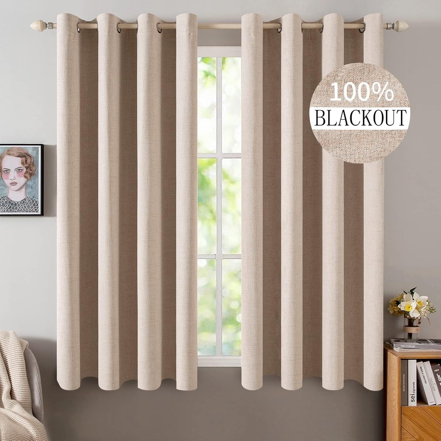 MIULEE Blackout Curtains - 100% Thermal Insulated Linen Textured Drapes | Natural Beige, 52 x 48 Inch (2 Panels)