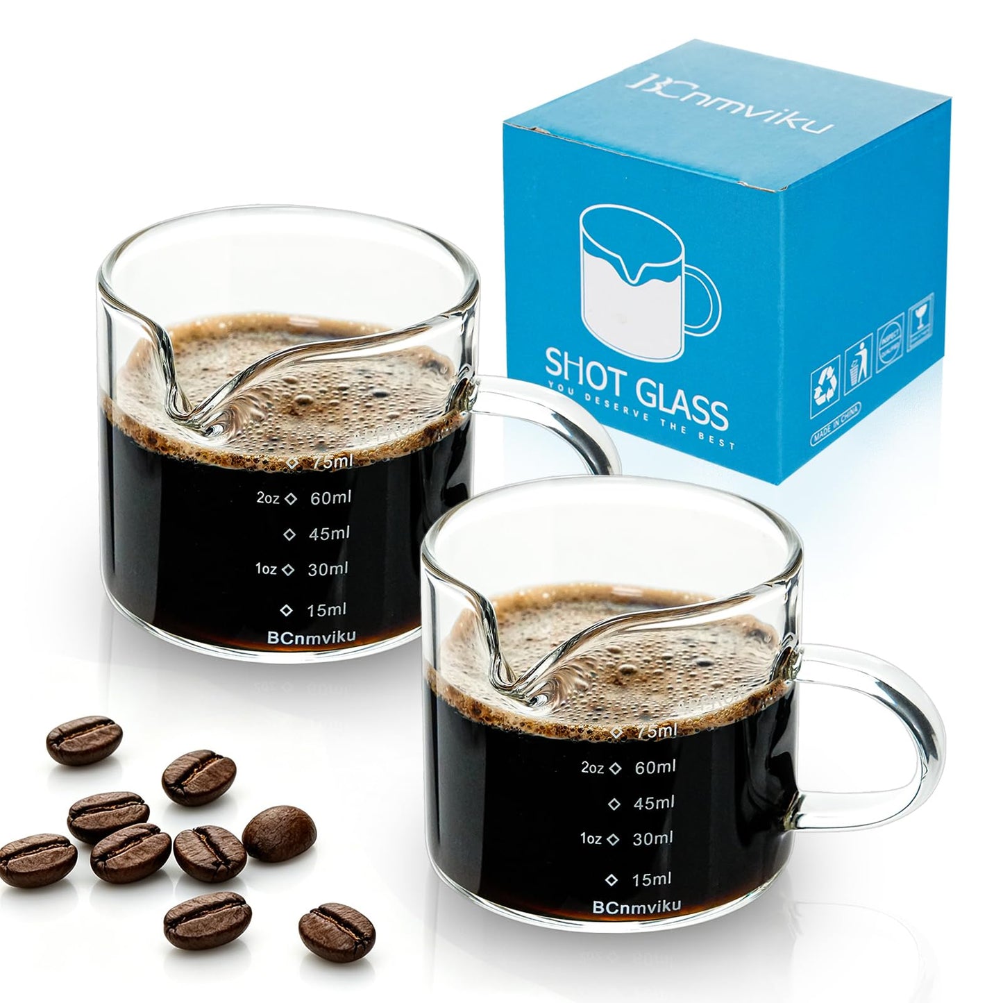 BCnmviku 2 PACK Espresso Glass Measuring Cup Triple Pitcher Milk Cup 75ML Espresso Cups with Handle Shot Glass with V-Shaped Mouth Clear Accessories Milk Frothing Pitcher (2)