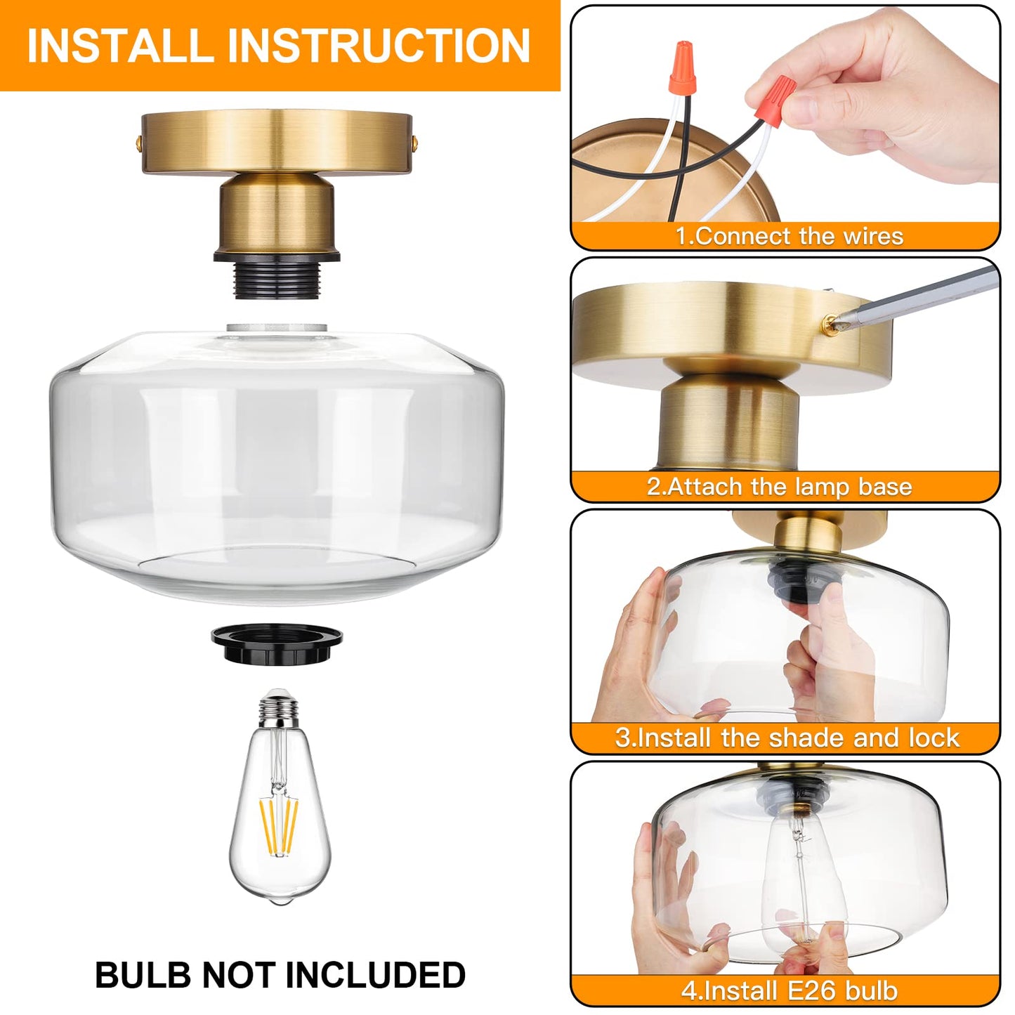 MAXvolador Industrial Semi Flush Mount Ceiling Light Gold, Clear Glass Pendant Lamp Shade, Farmhouse Lighting Hallway, Vintage Hanging Light Fixture