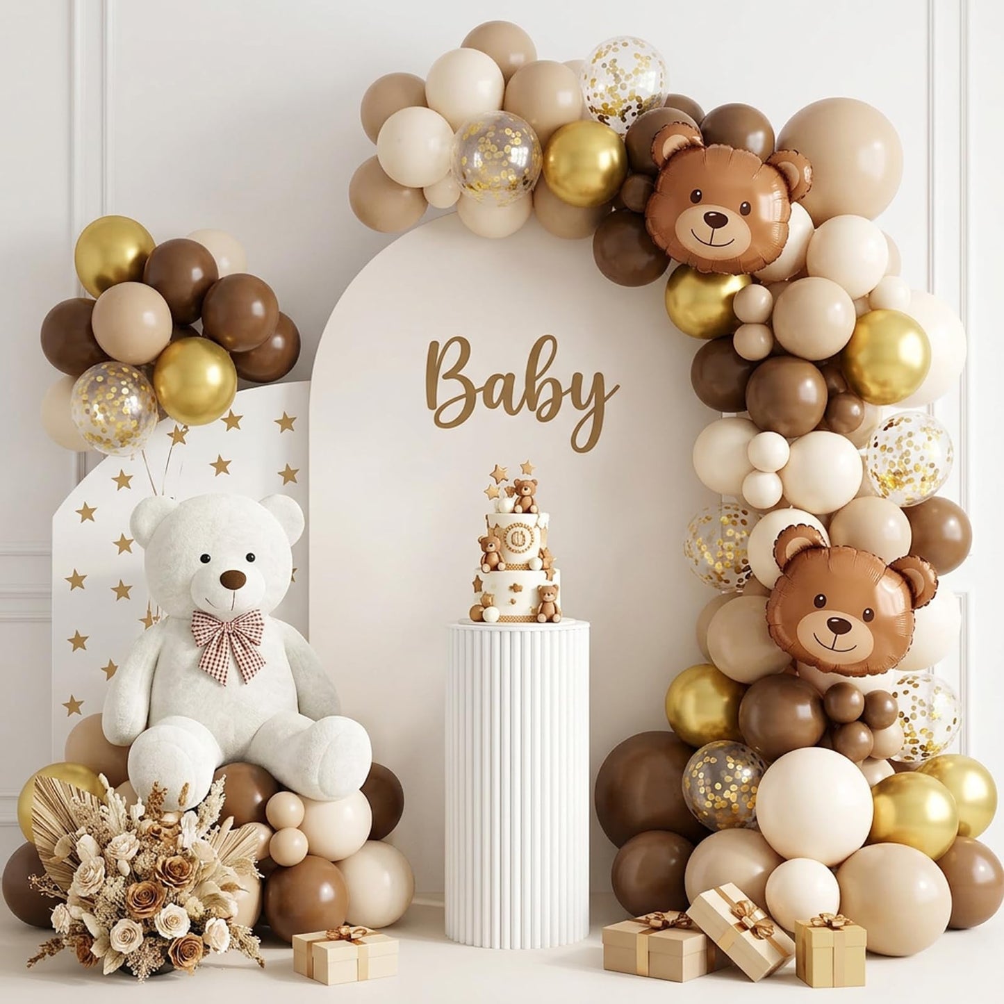 RUBFAC Brown Balloon Garland Arch Kit 129pcs Different Sizes Pack of 18 12 10 5 Inch, Latex Light Brown Coffee Sand White Cream Beige Confetti Gold Balloon Garland Arch Kit for Neutral Boho Bear