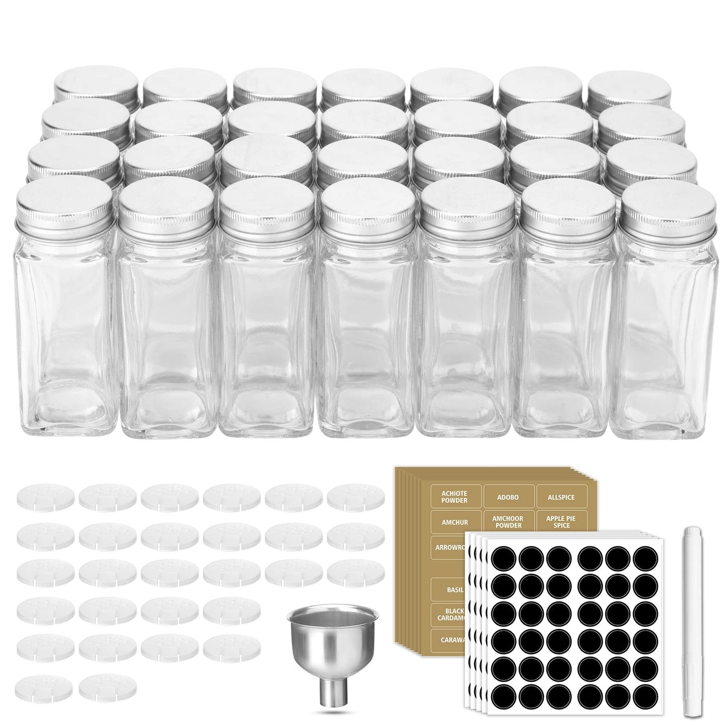 Antimbee 28 Pcs Clear Glass Spice Jars,3.5 oz Glass spice jar with 324 labels, Funnel,Chalk Pen,Shaker Lids and Airtight Metal Caps, Empty Square Spice Bottles for Spice Rack, Cabinet, Drawer