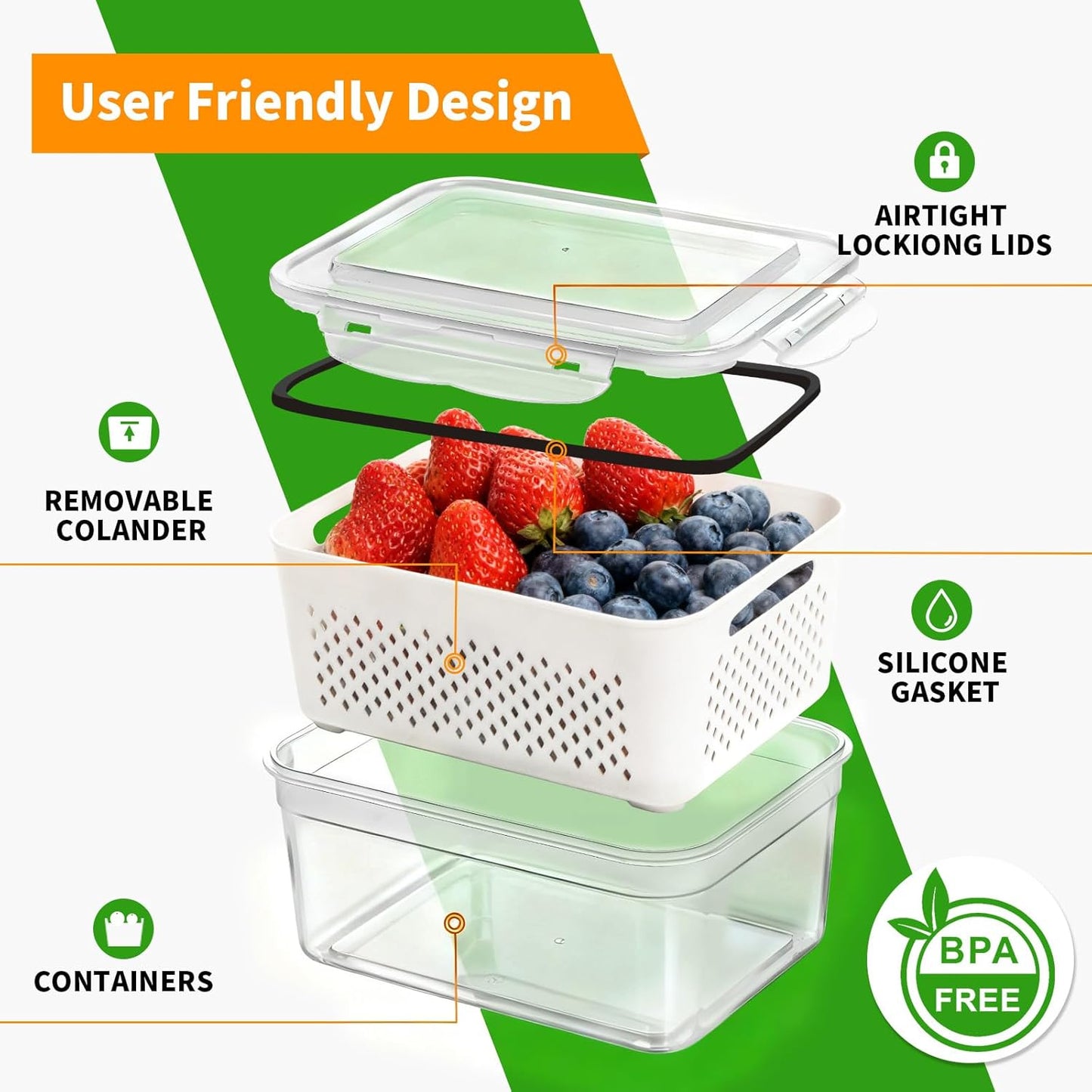 PRAKI 5-Pack Large Fruit Storage Containers - BPA-Free Fridge Organizers with Removable Colander