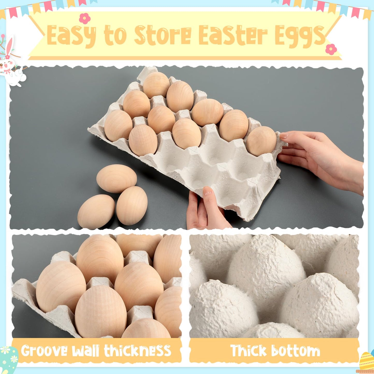 Beeveer 60 Pcs Wooden Eggs for Crafts Unpainted Eggs with Blank Egg Cartons, Wooden Fake Food Egg to Paint for Easter Decorating, Kitchen Craft, Basket Stuffer(White,Wood)