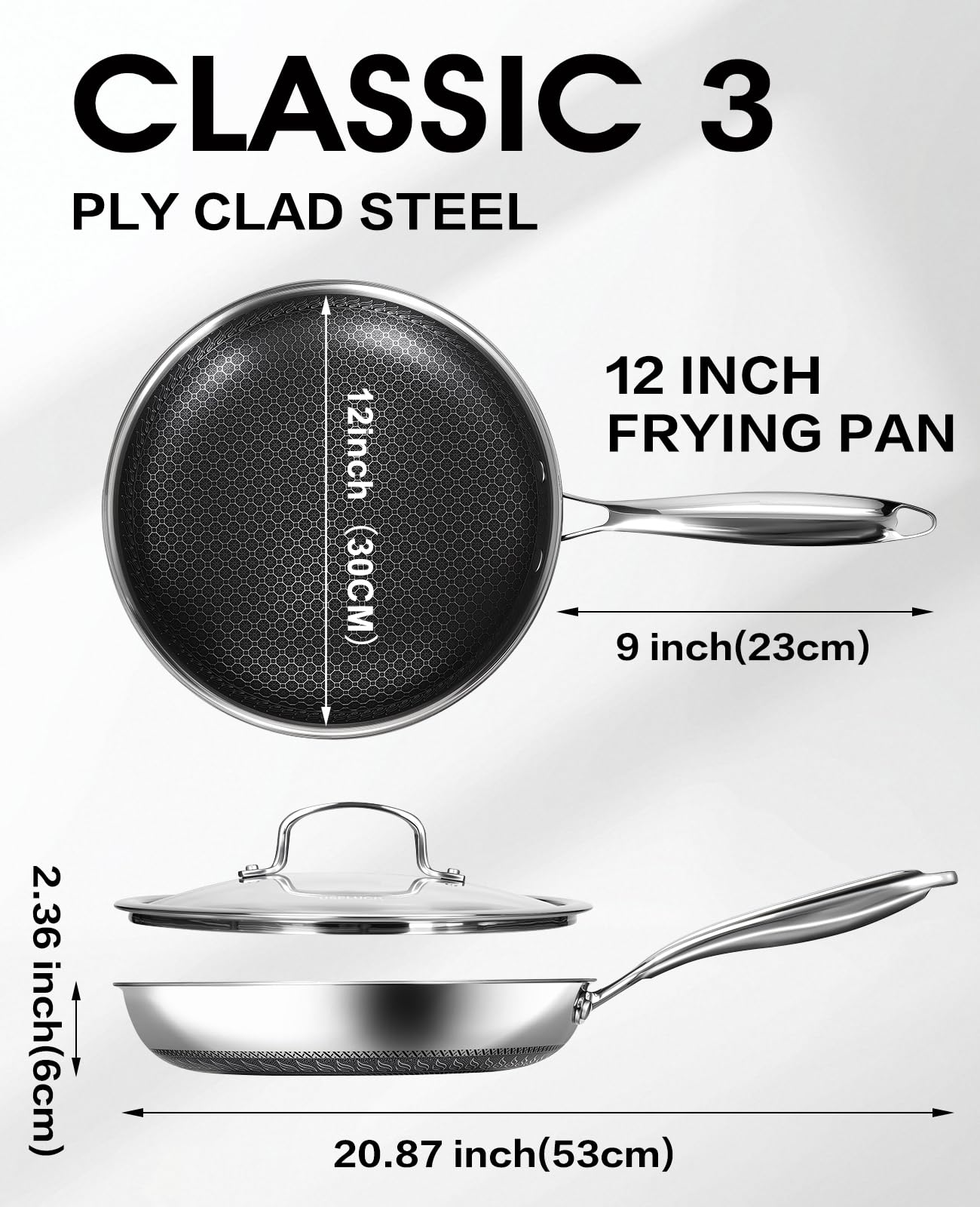 USELUCK Nonstick Frying Pans with Lid, 12-Inch Non Stick Skillet with Honeycomb Surface,Dishwasher-Friendly,Oven-Safe,Induction Compatible,PFAS-Free,Non-Toxic,Compatible with All Cooktops.