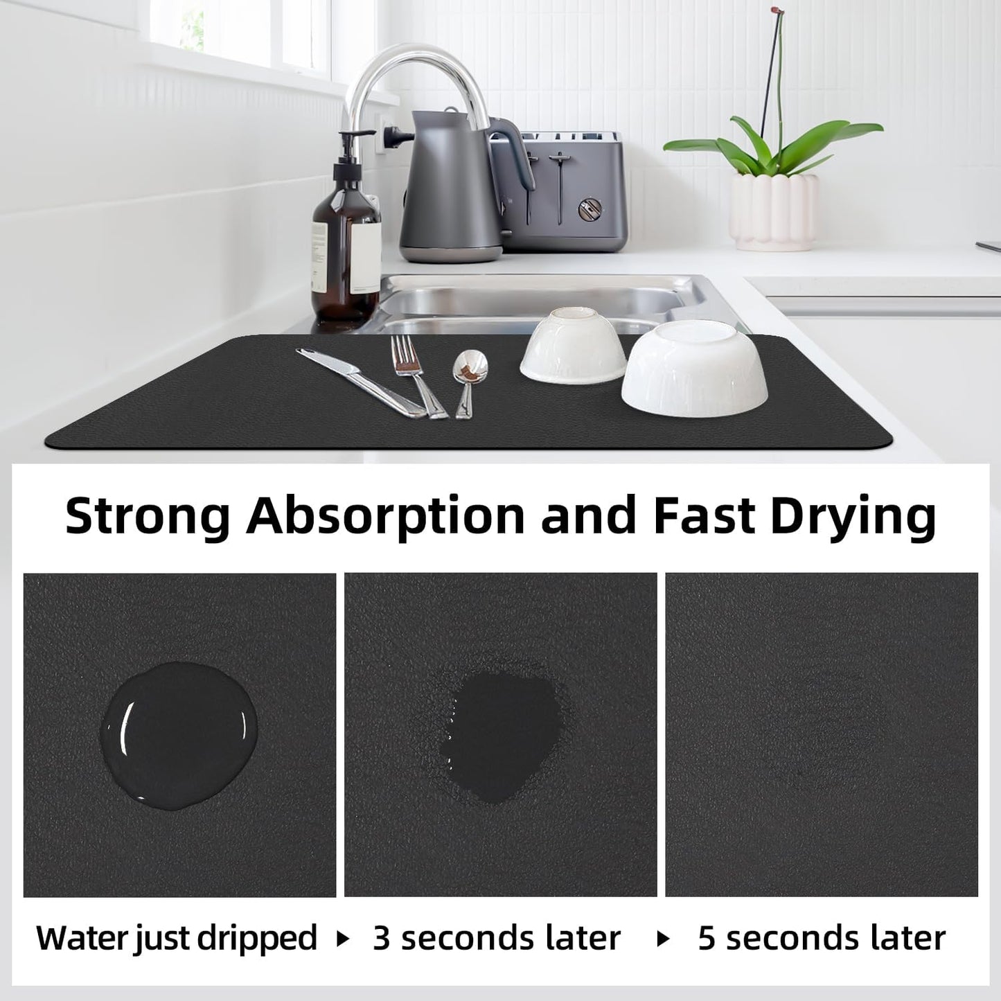 LOPNUR Extra Large Kitchen Dish Drying Mat - Super Absorbent Diatomite Pad | 31.5"x17", Heat Resistant, Anti-Slip Backing, Black