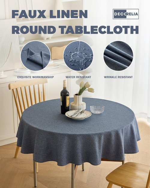 Decorelia Waterproof Faux Linen Rustic Farmhouse Table Cloth for Round Table, Texture Wrinkle-free Outdoor Table Cover for Party, Wedding, Picnics, Patio Table (60 Inch, Round (2-4 Seats), Denim Blue)