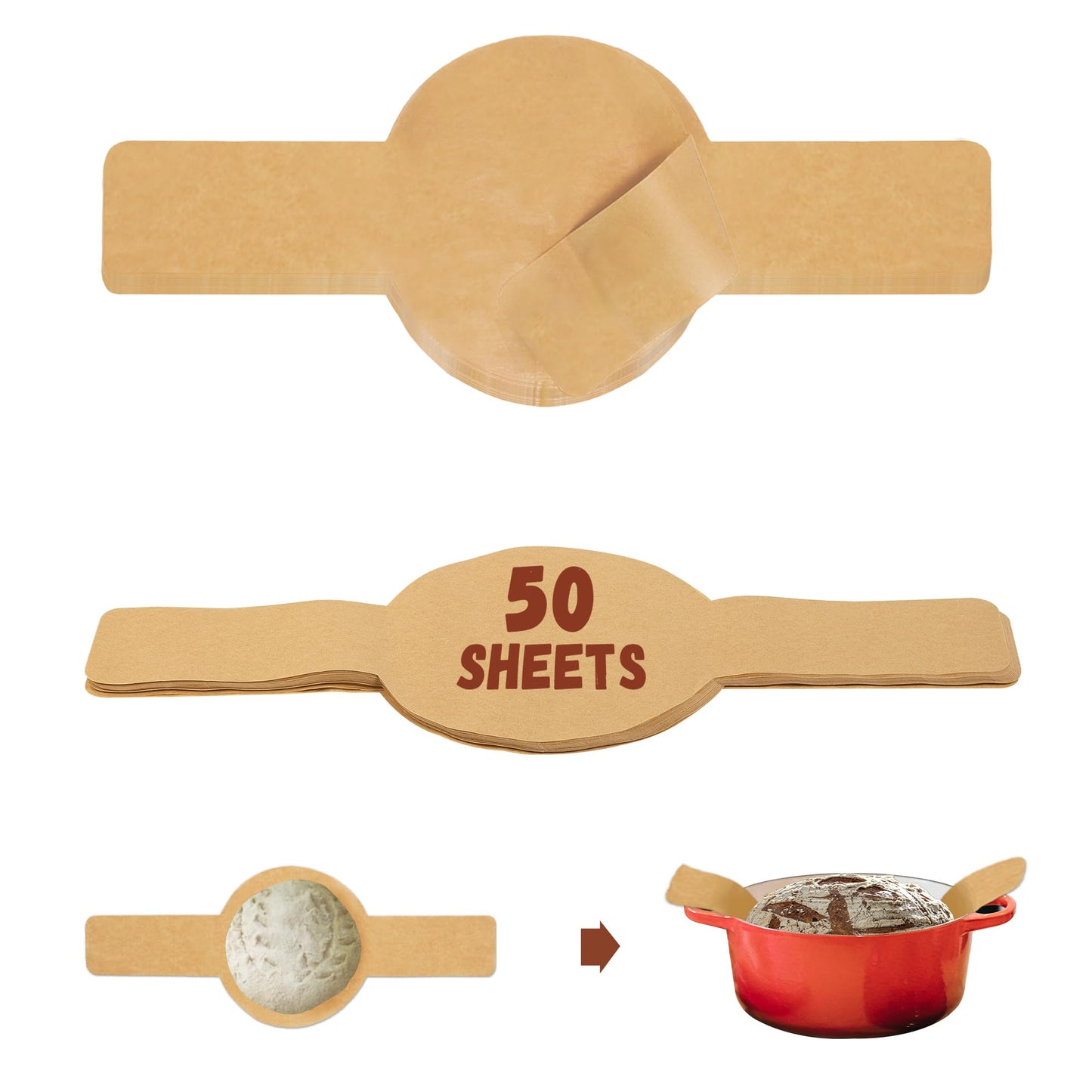Parchment Paper for Sourdough Baking, GIGYES Bread Sling for Dutch Oven, 8" Round Parchment Paper with Long Handles for air fryer, Easy-Lift, Non-Stick, Odor-Free, 50 Sheets for Cake Baking