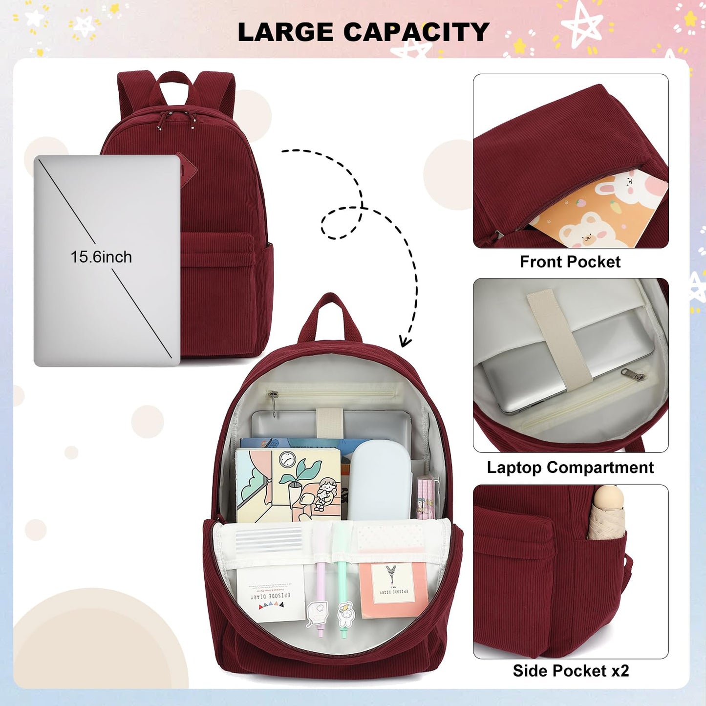 Esfoxes Corduroy Backpack for Girls, Kids Teens Elementary Middle High School Bags Women College Bookbags Travel Daypacks (Wine)