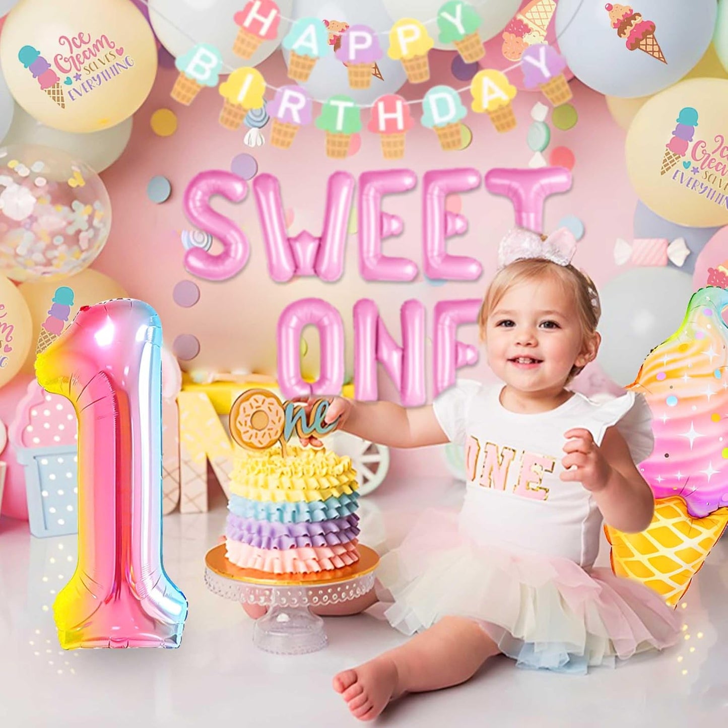 Sweet One 1st Birthday Decorations for Girls - Donut & Ice Cream Party Supplies Set