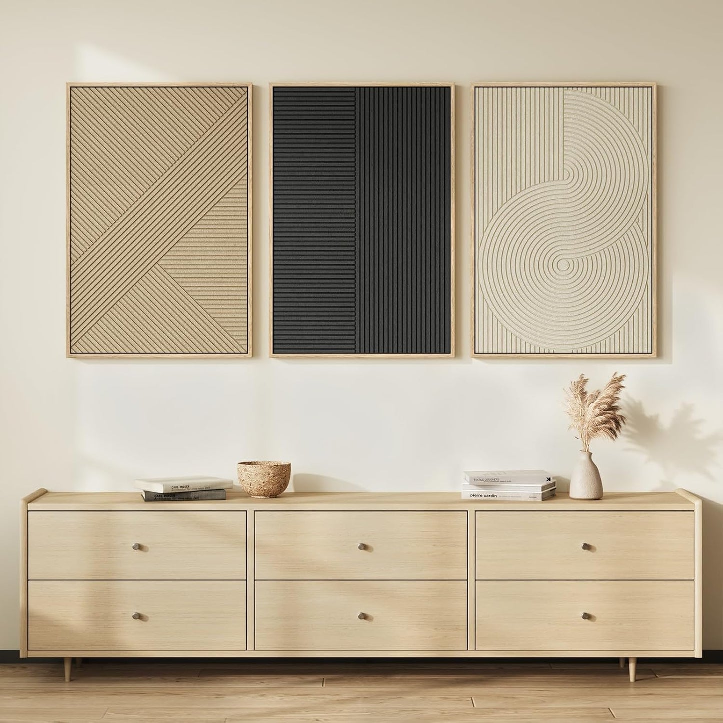 Skiennix 3D Textured Boho Abstract Wall Art - Large 3 Piece Modern Neutral Minimalist Prints | Black & Beige Geometric Design | 24x36 In