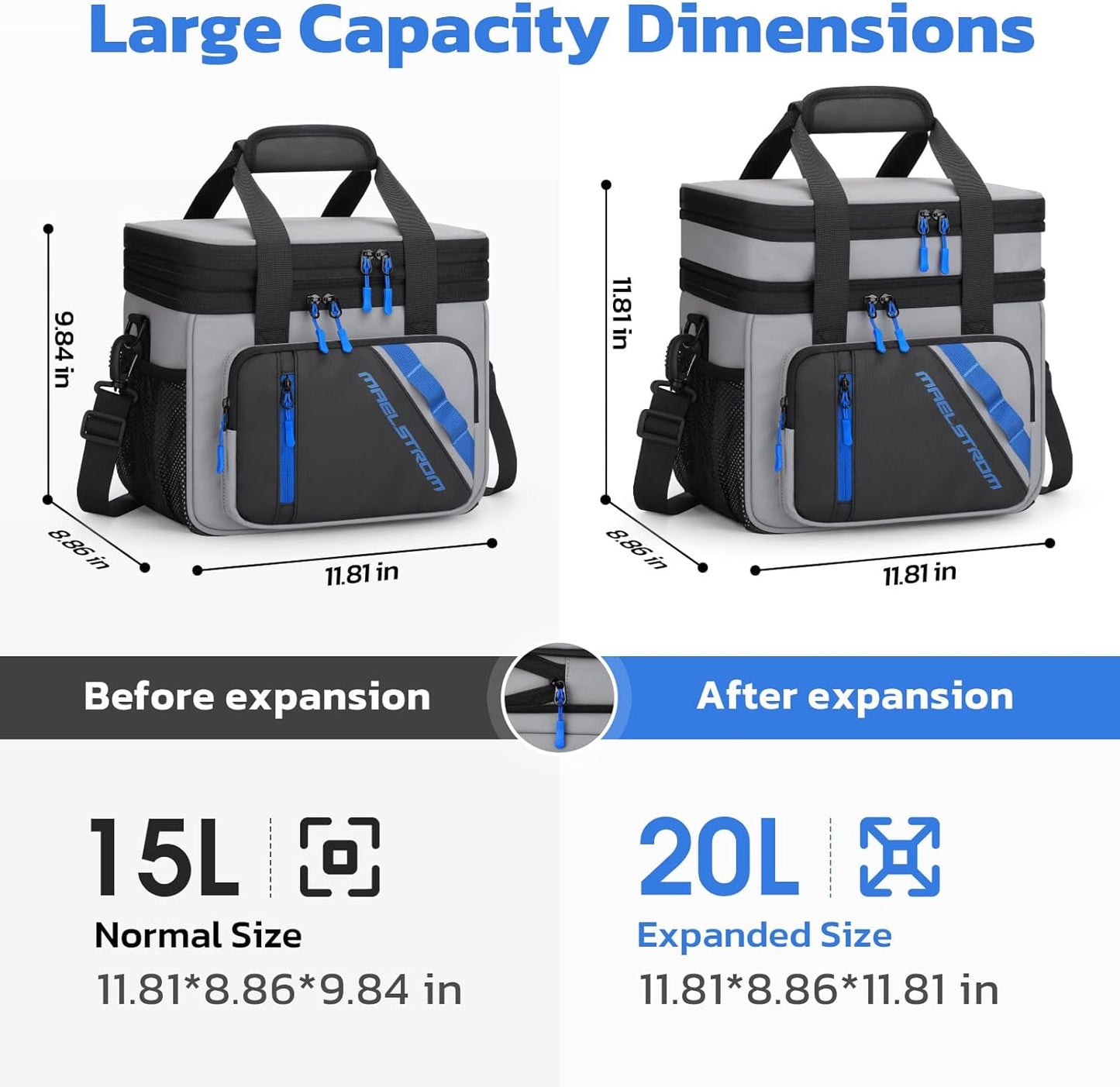 Maelstrom Insulated Lunch Bag - 20L Expandable Double Deck Cooler Tote | Leakproof, 6 Pockets, Grey