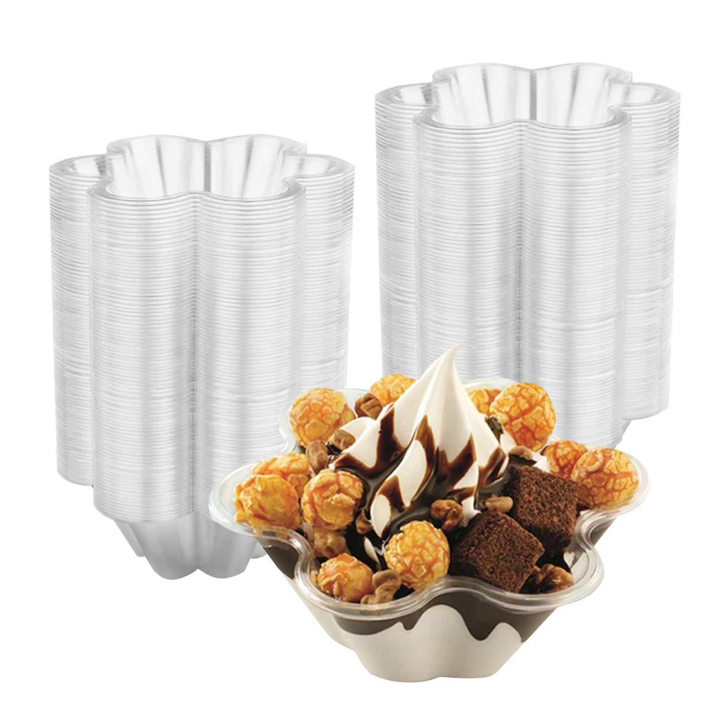 Merkaunis 200 Pack Plastic Ice Cream Bowls 8.5Oz Clear Plastic Ice Cream Dessert Bowls Sundae Snack Fruit Salad Bowl Clear Flower Shape Appetizer Cup Chocolate Dessert Sundae and Nuts