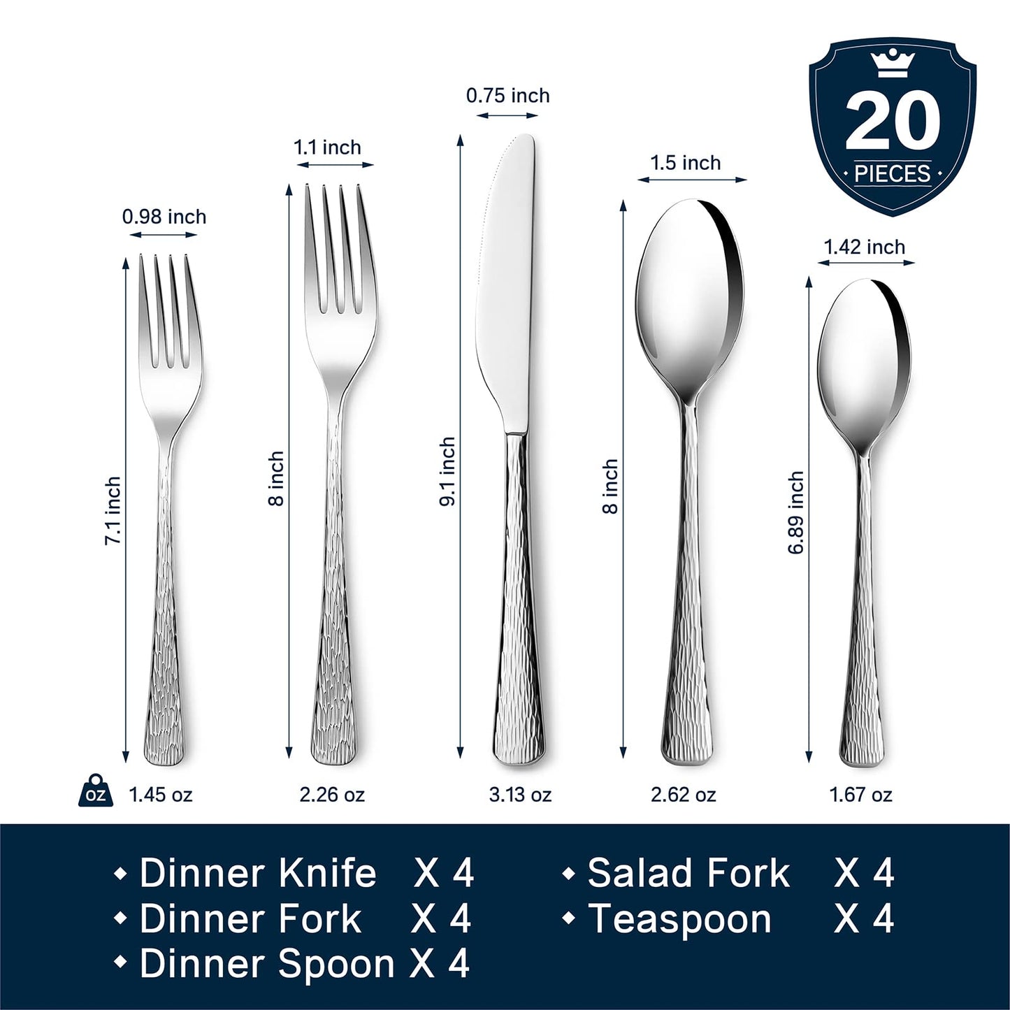 KINGSTONE Hammered Silverware Set, 20-Piece Flatware Set, 18/10 Stainless Steel Premium Cutlery with Unique Ripple Handles Design Mirror Polished - Dishwasher Safe