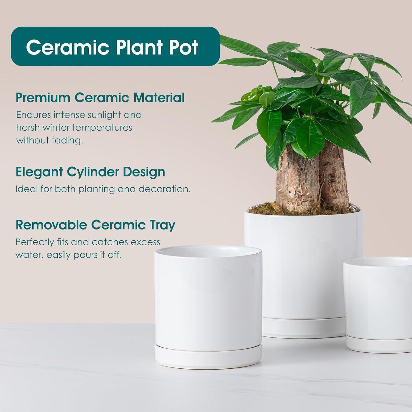 Vancasso Ceramic Plant Pots - 3-Piece Indoor Planters with Drainage | 4.25", 5.25", & 6.25" White Flower Pots