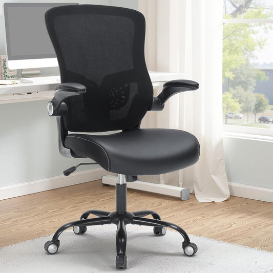 Skiennix Ergonomic Office Chair - Mesh Back, Adjustable Height, Flip-Up Arms, Black Leather Seat