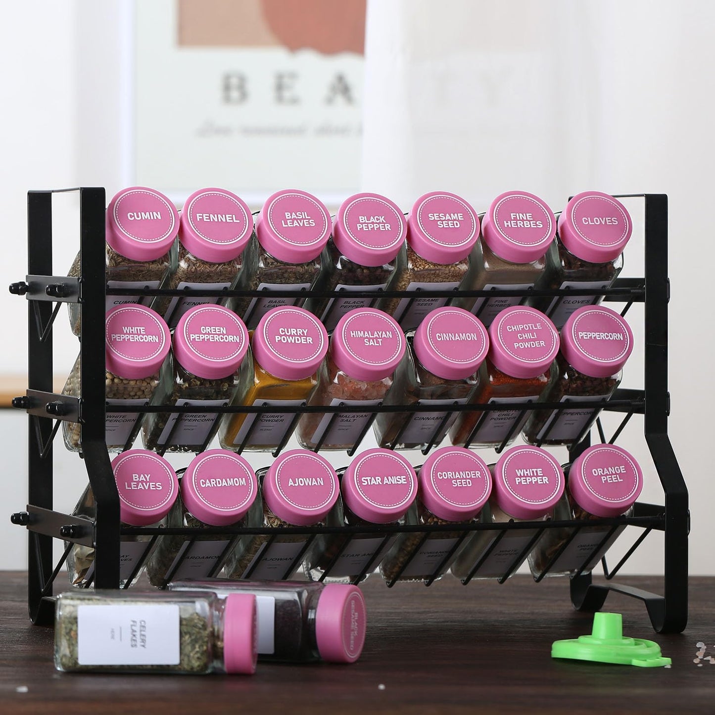 24 Glass Spice Jars with Label-4oz Spice Containers with Lids and Shaker Lids,3 Sets of Spice Labels 1 Collapsible Funnel 2 Erasable Markers (24)