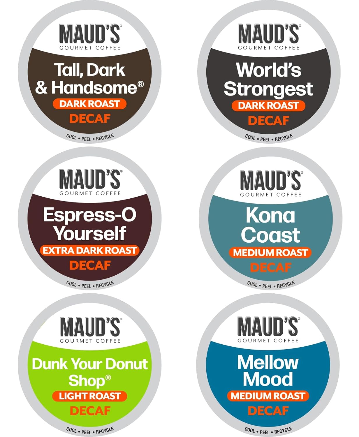 Maud's Decaf Coffee Pods Variety Pack - 54 Count of 6 Assorted Dark & Medium Roasts | 100% Arabica, Compatible with Keurig