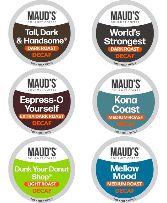 Maud's Decaf Coffee Pods Variety Pack - 54 Count of 6 Assorted Dark & Medium Roasts | 100% Arabica, Compatible with Keurig