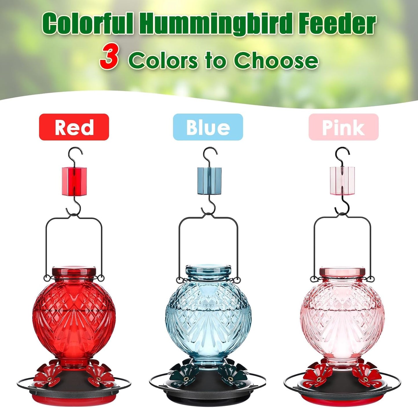 Skiennix Glass Hummingbird Feeder - 20oz Outdoor Nectar Feeder with Bee Guard Ports & Ant Moat | Pink